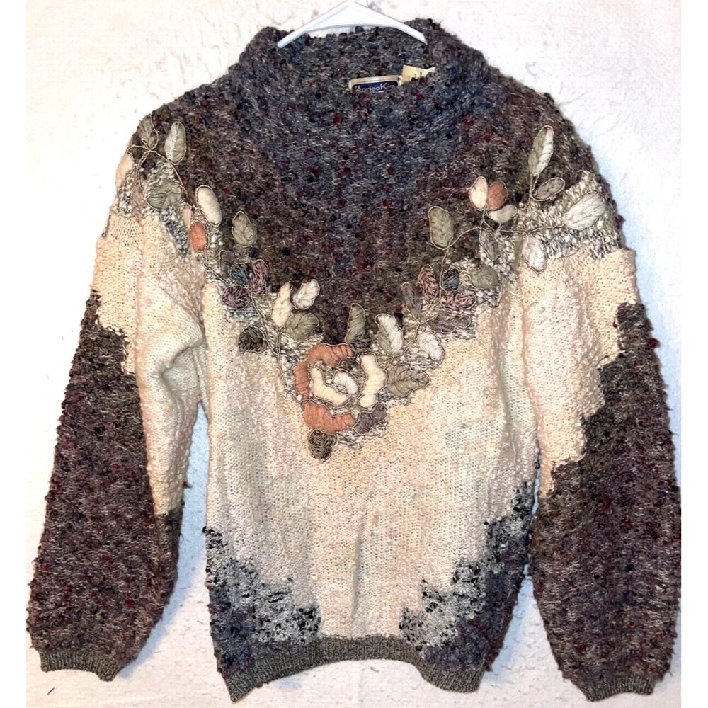 Vintage Mariea Kim Womens Sweater sz S Boho Artsy 80s Chunky Floral Bulky USA
